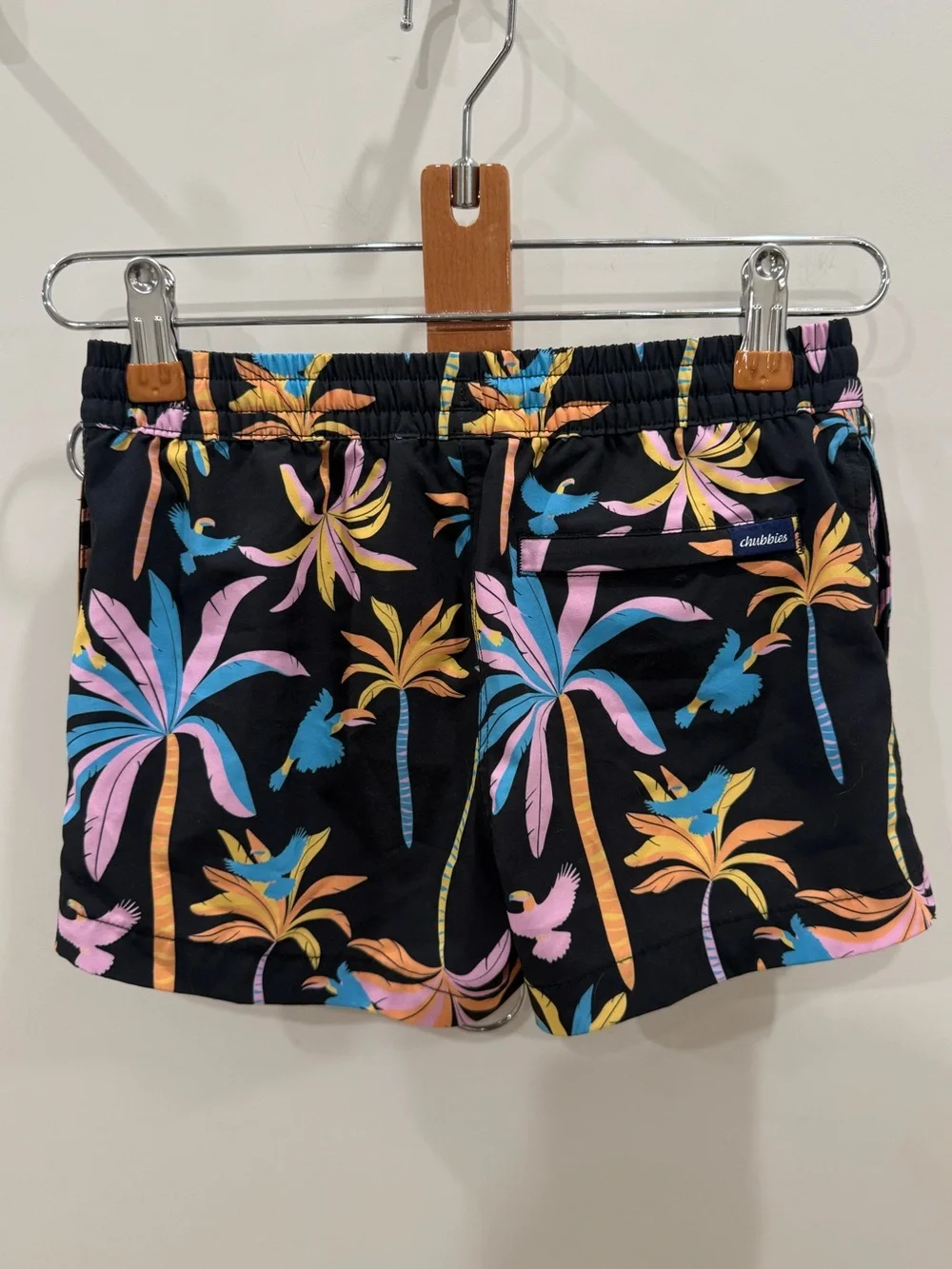 Youth 6/7 chubbies Black Tropical Print Swim Shorts with Pink, Yellow & Blue